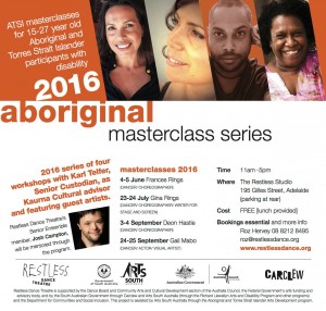 Flyer advertising Aboriginal dance masterclasses with multiple images at top